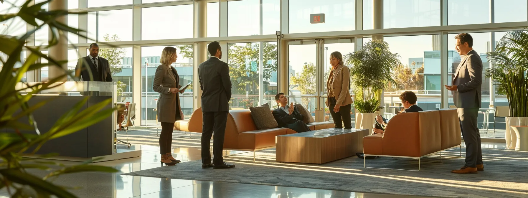 a group of professionals in modern business attire discussing strategy in a sleek, upscale office setting.