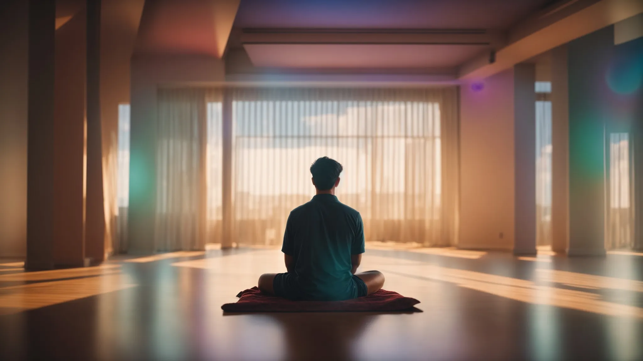 a person sitting peacefully with closed eyes, surrounded by calming colors and light, practicing visualization techniques for stress relief.