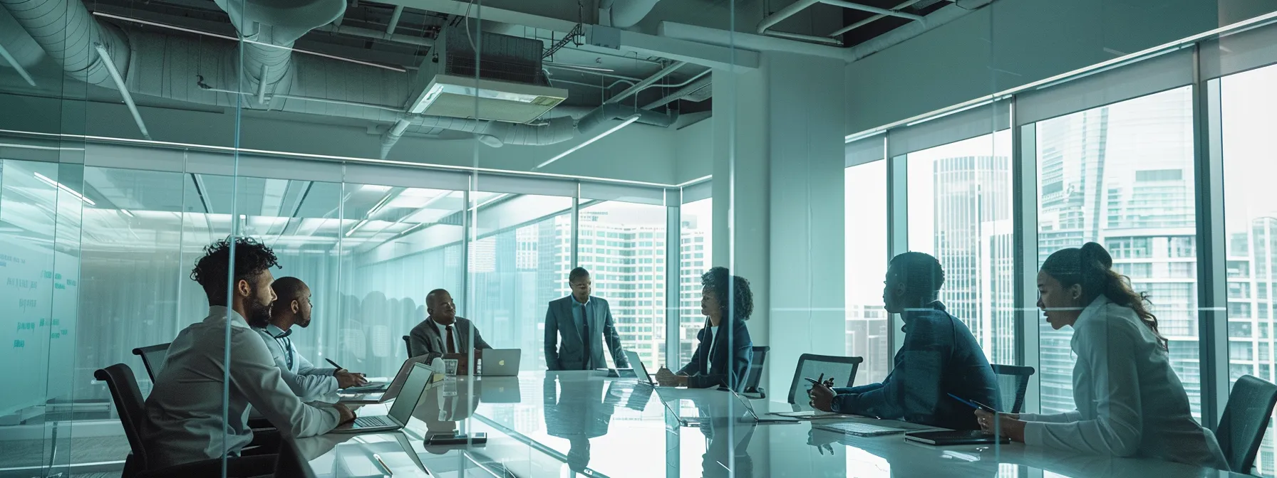 a group of professionals brainstorming and strategizing in a modern office conference room.