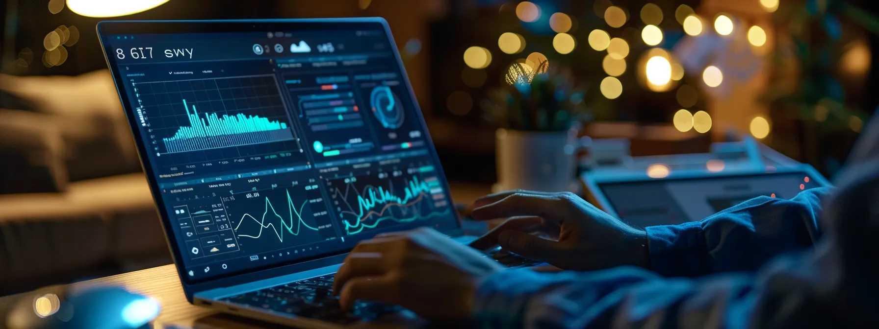 a person working on a laptop with various website performance metrics displayed on the screen.