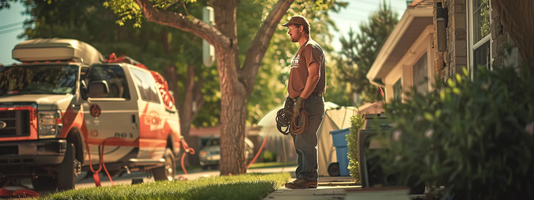 a plumber standing next to a van with the logo of his business prominently displayed while working on a pipe in a residential neighborhood.