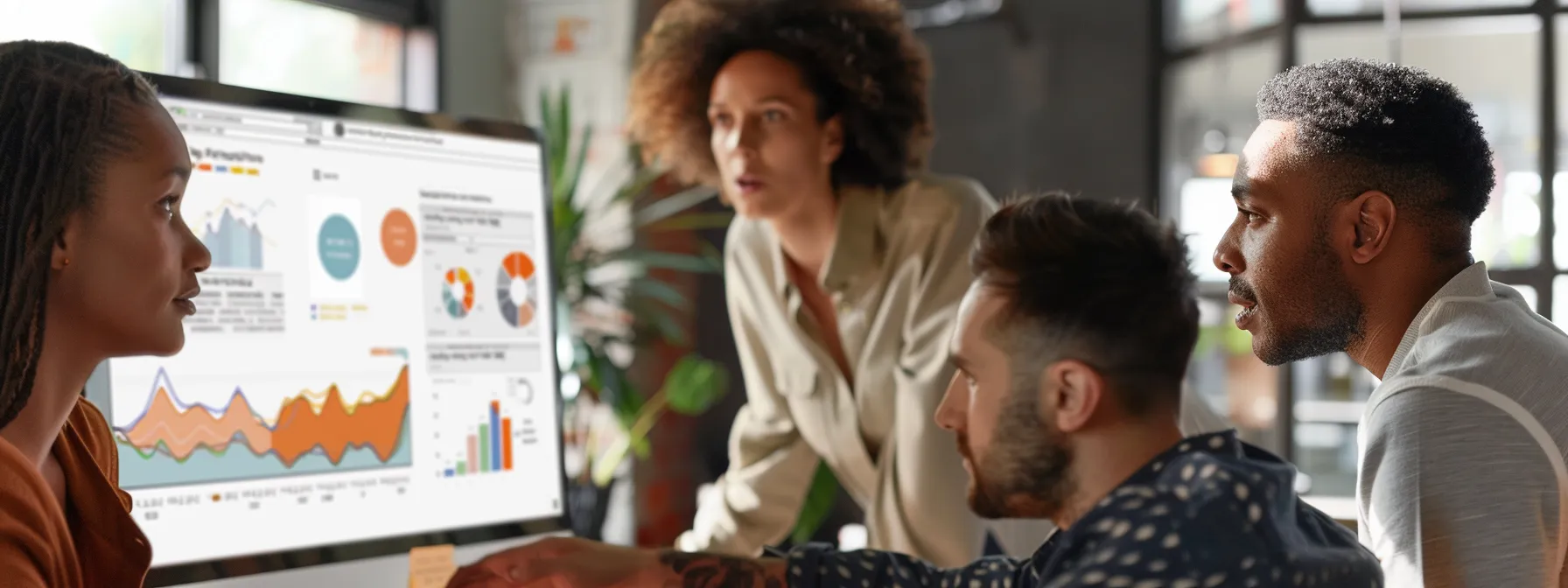 a group of coworkers gathered around a computer screen, reviewing a crm workflow chart with various stages of lead conversion highlighted.