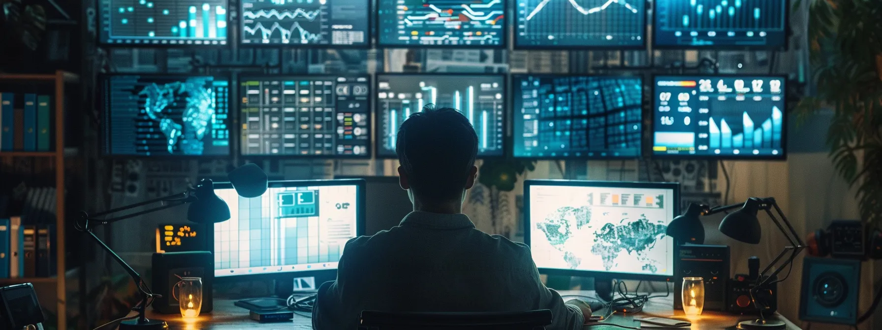 a person sitting at a desk surrounded by multiple computer screens displaying complex digital marketing analytics and data trends.