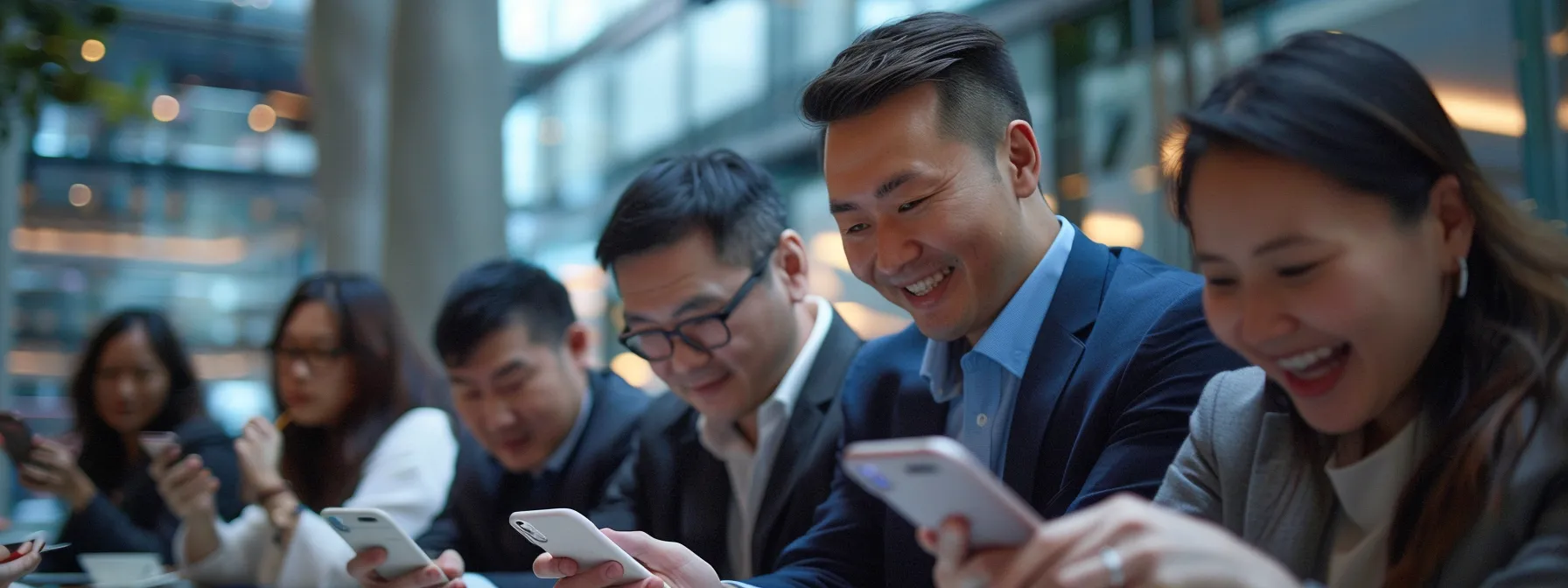 a group of business professionals in melbourne reviewing mobile seo strategies on their smartphones.