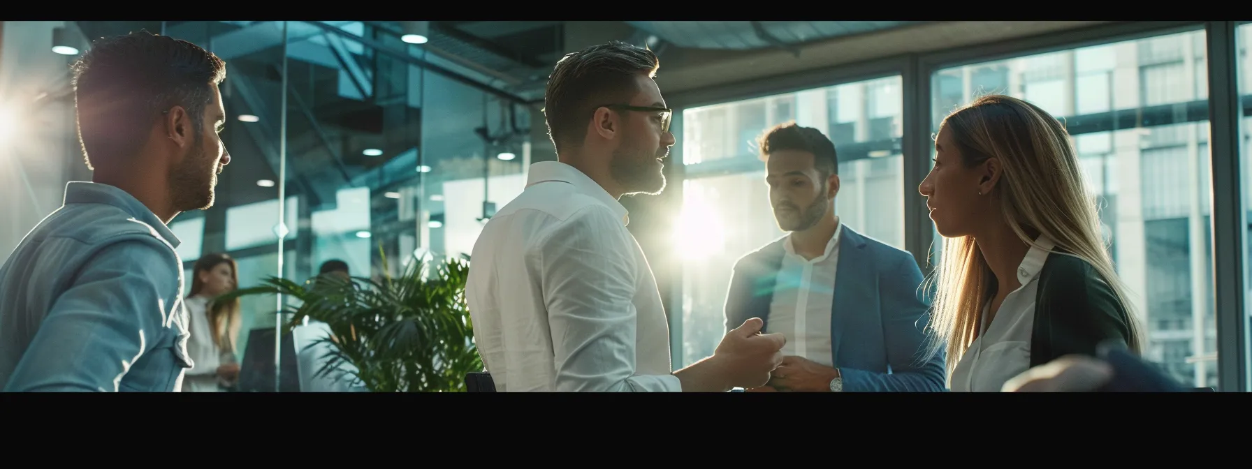 a group of business professionals discussing and strategizing branding tactics in a modern office setting.